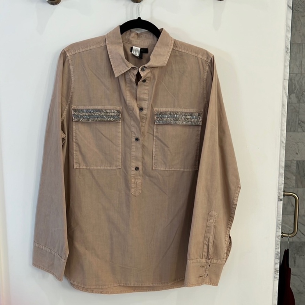 J. Crew beaded chevron poplin top shirt 14 blush/tan